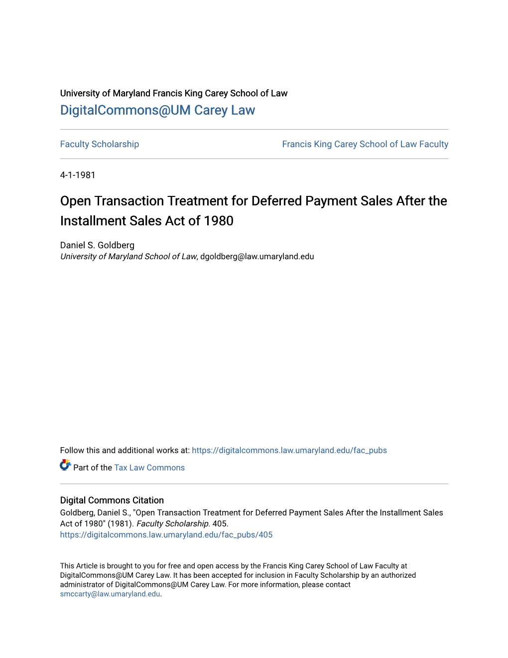 Open Transaction Treatment for Deferred Payment Sales After the Installment Sales Act of 1980