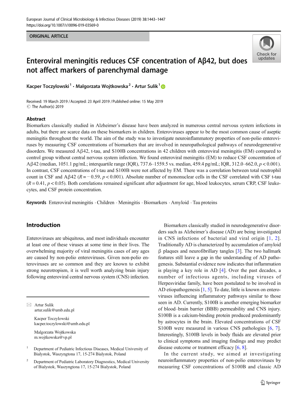 Enteroviral Meningitis Reduces CSF Concentration of Aβ42, but Does Not Affect Markers of Parenchymal Damage