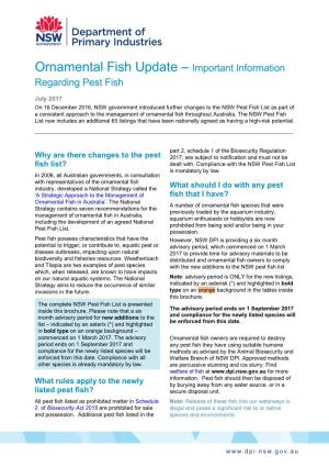 NSW Pest Fish List As Part of a Consistent Approach to the Management of Ornamental Fish Throughout Australia
