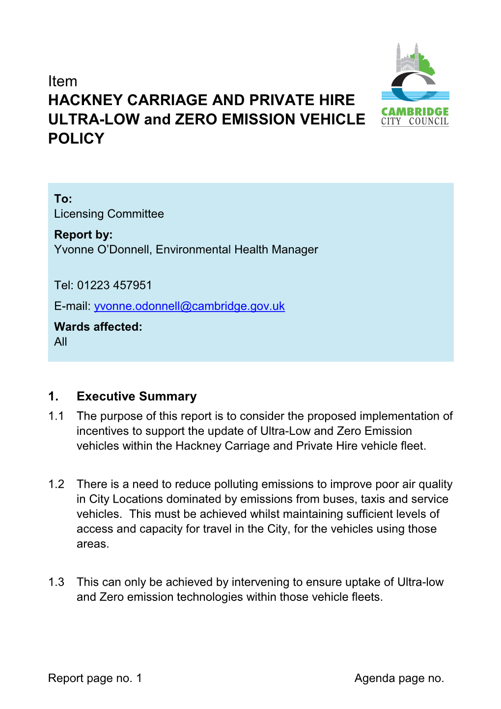 Item HACKNEY CARRIAGE and PRIVATE HIRE ULTRA-LOW and ZERO EMISSION VEHICLE POLICY