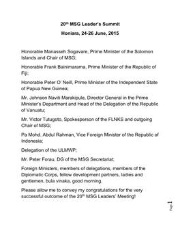 20Th MSG Leader's Summit Honiara, 24-26 June, 2015 Honorable