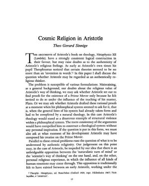 Cosmic Religion in Aristotle Sinnige, Theo Gerard Greek, Roman and Byzantine Studies; Spring 1973; 14, 1; Proquest Pg