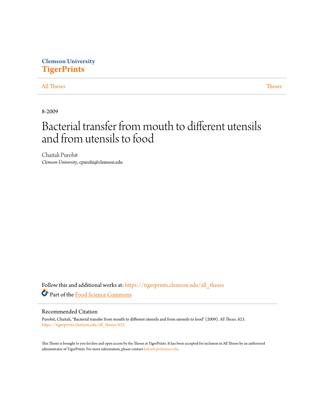 Bacterial Transfer from Mouth to Different Utensils and from Utensils to Food Chaitali Purohit Clemson University, Cpurohi@Clemson.Edu