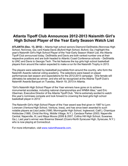 Atlanta Tipoff Club Announces 2012-2013 Naismith Girl's High School Player of the Year Early Season Watch List