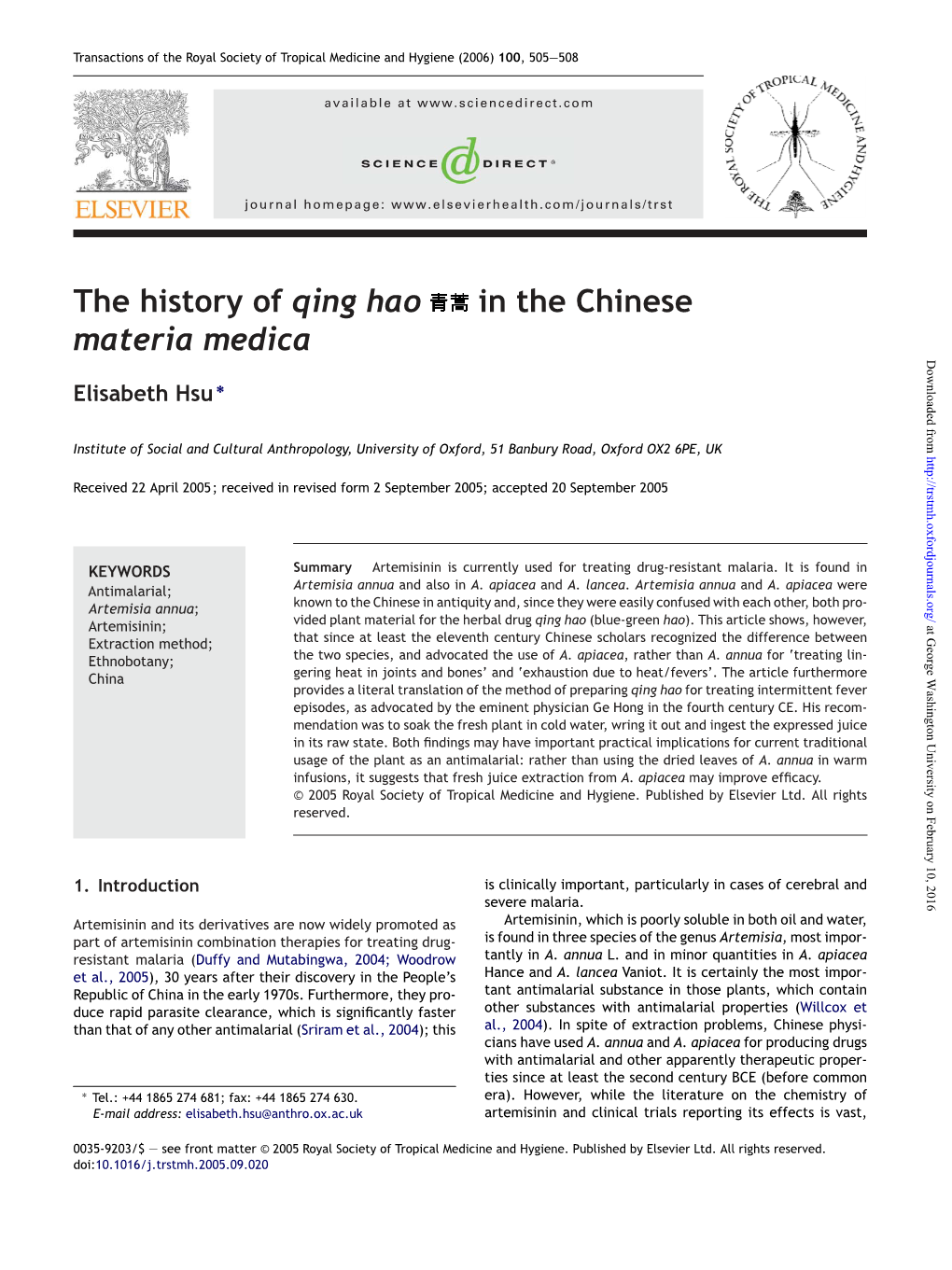 The History of Qing Hao in the Chinese Materia Medica Downloaded From
