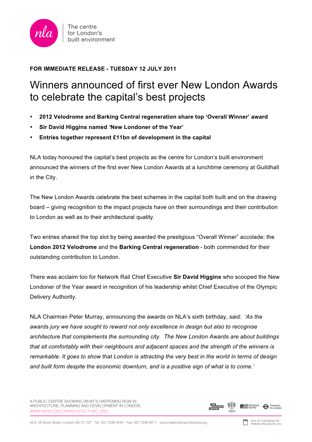 Winners Announced of First Ever New London Awards to Celebrate the Capital’S Best Projects