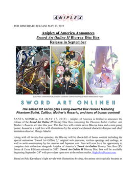 Aniplex of America Announces Sword Art Online II Blu-Ray Disc Box Release in September