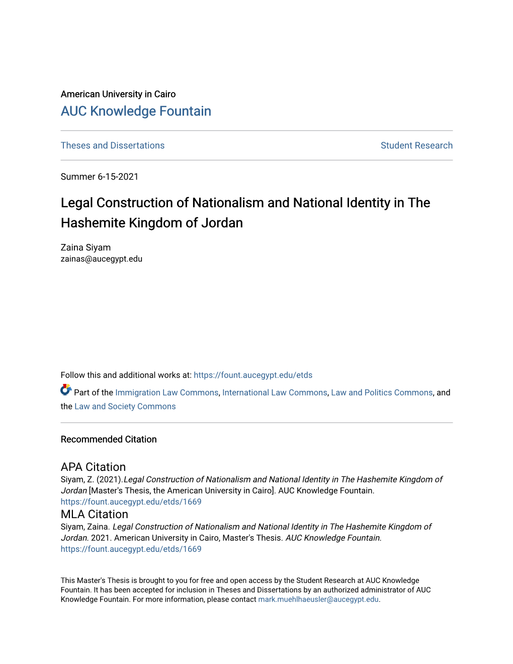 Legal Construction of Nationalism and National Identity in the Hashemite Kingdom of Jordan