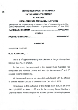 In the High Court of Tanzania in the District Registry Atmwanza Misc. Criminal Appeal No. 41 of 2020 Nambiza S/O Luzama Appellan