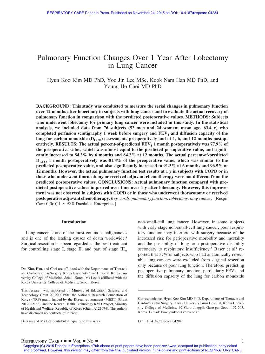 Pulmonary Function Changes Over 1 Year After Lobectomy in Lung Cancer