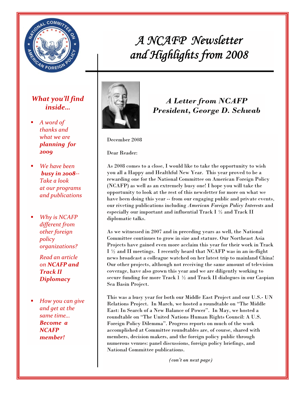 A NCAFP Newsletter and Highlights from 2008