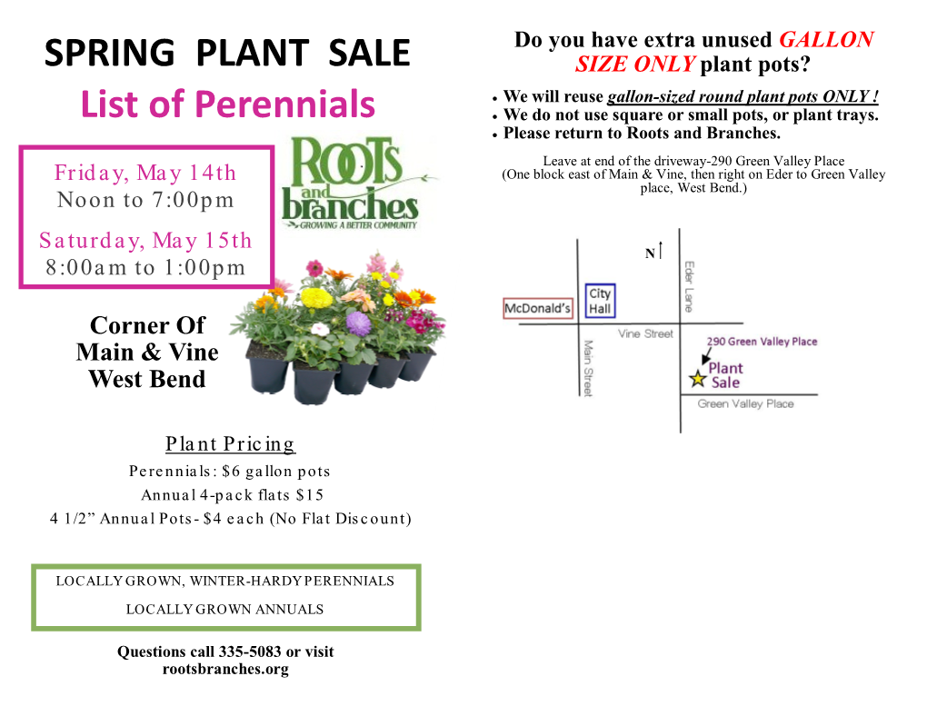 SPRING PLANT SALE List of Perennials