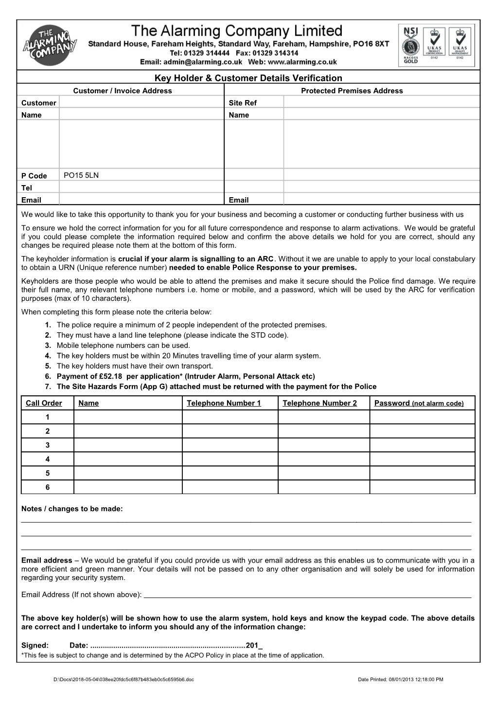 Key Holder & Customer Details Verification