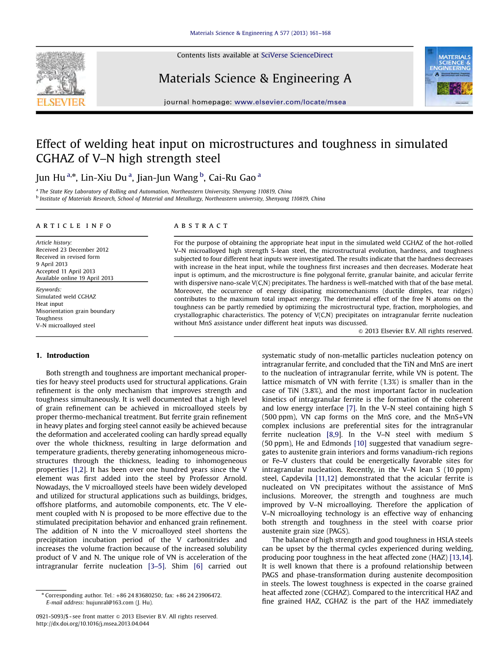 Effect of Welding Heat Input on Microstructures and Toughness in Simulated CGHAZ of V–N High Strength Steel