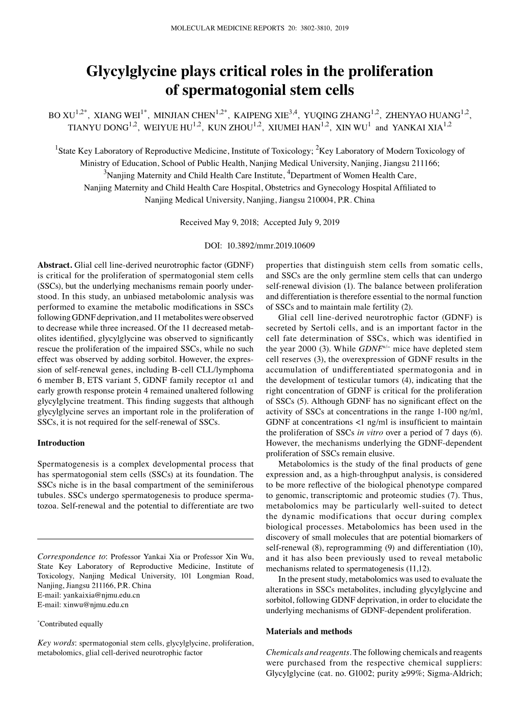 Glycylglycine Plays Critical Roles in the Proliferation of Spermatogonial Stem Cells