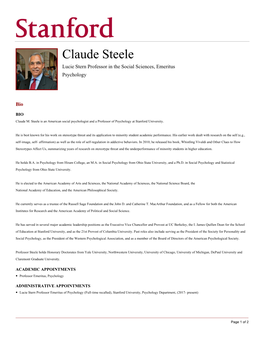 Claude Steele Lucie Stern Professor in the Social Sciences, Emeritus Psychology