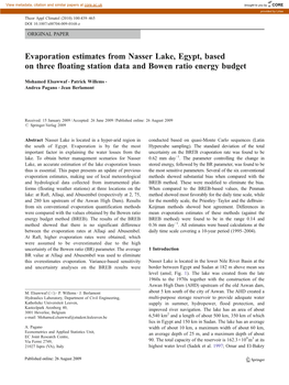 Evaporation Estimates from Nasser Lake, Egypt, Based on Three Floating Station Data and Bowen Ratio Energy Budget