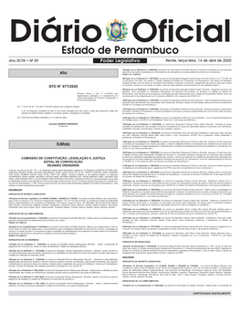 Estado De Pernambuco Ano XCVII • N0 59 Poder Legislativo Recife, Terça-Feira, 14 De Abril De 2020