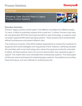 Mitigating Cyber Security Risks in Legacy Process Control Systems