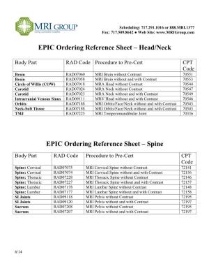 EPIC Ordering Reference Sheet – Head/Neck