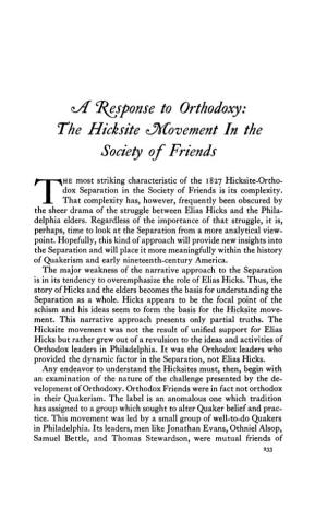Cl/F Cf(Esponse to Orthodoxy: the Hicksite ^Movement in the Society of Friends