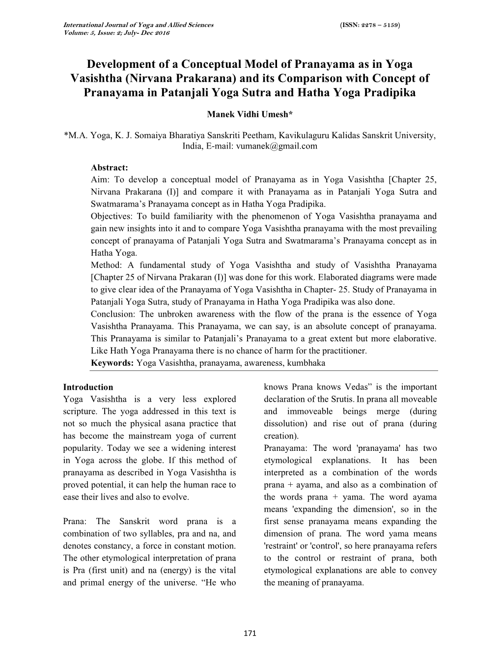 Development of a Conceptual Model of Pranayama As in Yoga Vasishtha