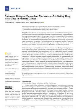 Androgen Receptor-Dependent Mechanisms Mediating Drug Resistance in Prostate Cancer