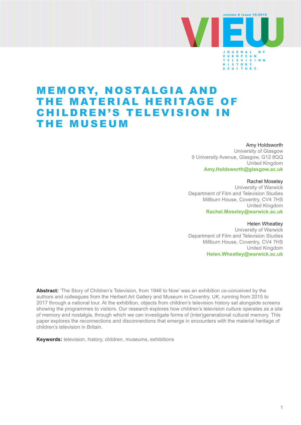 Memory, Nostalgia and the Material Heritage of Children’S Television in the Museum
