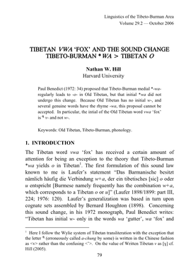 Tibetan Vwa 'Fox' and the Sound Change Tibeto