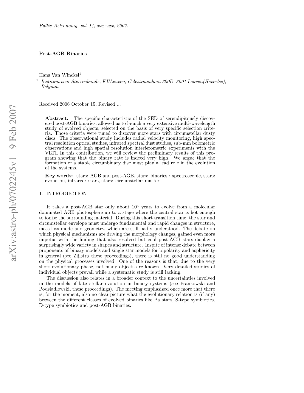 Arxiv:Astro-Ph/0702245V1 9 Feb 2007 1 Otabbinaries Post-AGB Ewe H Ieetcasso Vle Iaislk Asta Ba Like Binaries