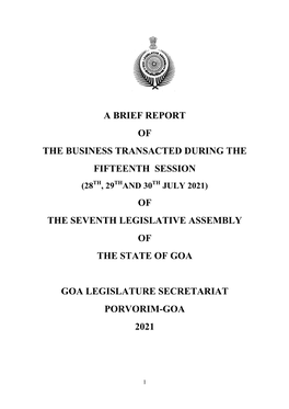 A Brief Report of the Business Transacted During the Fifteenth Session of the Seventh Legislative Assembly of the State Of