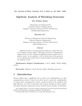 Algebraic Analysis of Shrinking Generator