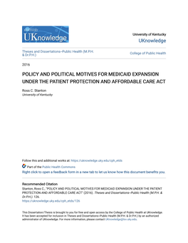 Policy and Political Motives for Medicaid Expansion Under the Patient Protection and Affordable Care Act