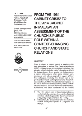 From the 1964 Cabinet Crisis1 to the 2014 Cabinet in Malawi