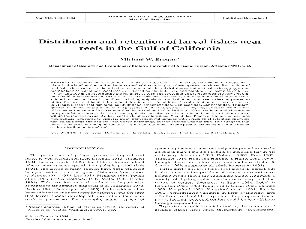 Distribution and Retention of Larval Fishes Near Reefs in the Gulf of California