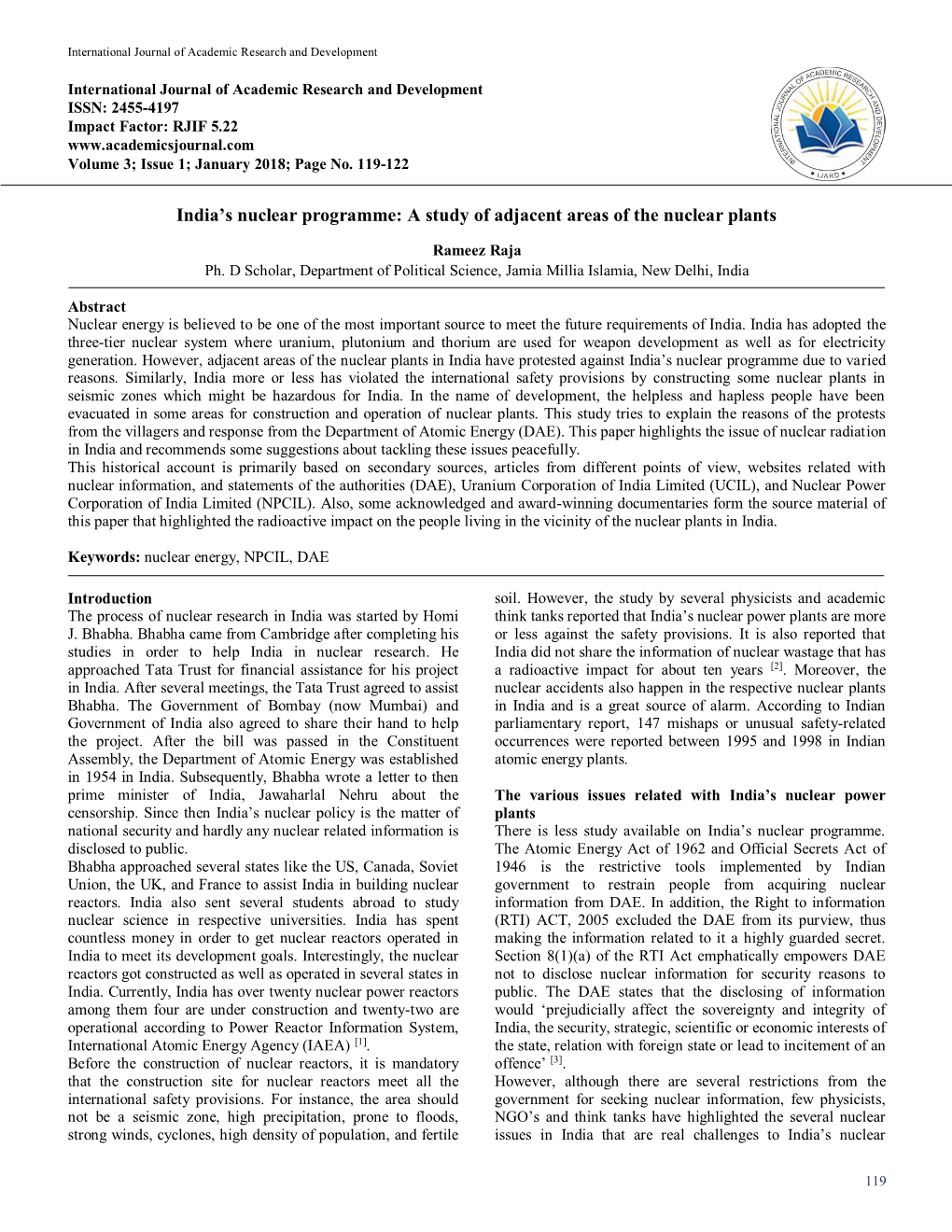 India's Nuclear Programme: a Study of Adjacent Areas of the Nuclear Plants