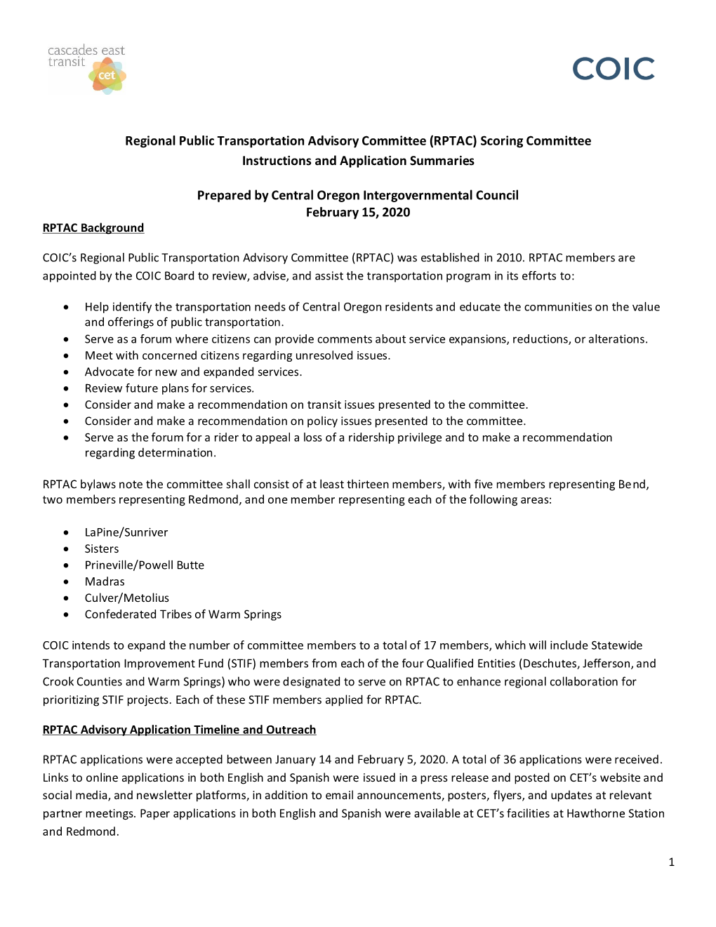 Scoring Committee Instructions and Application Summaries