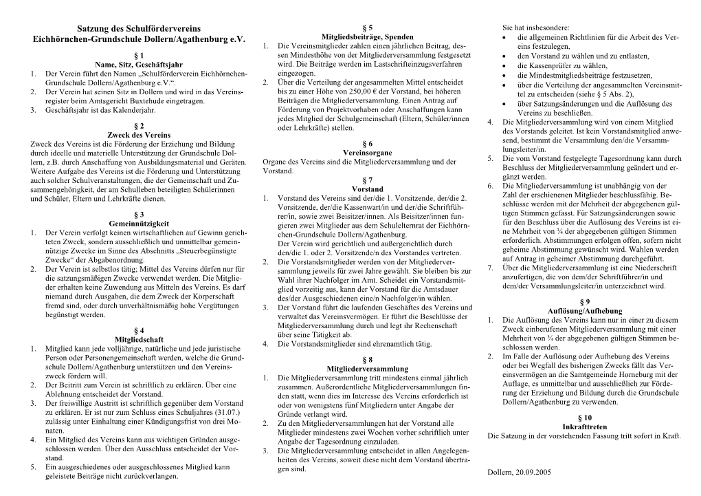 Satzung Des Schulfördervereins Eichhörnchen-Grundschule Dollern