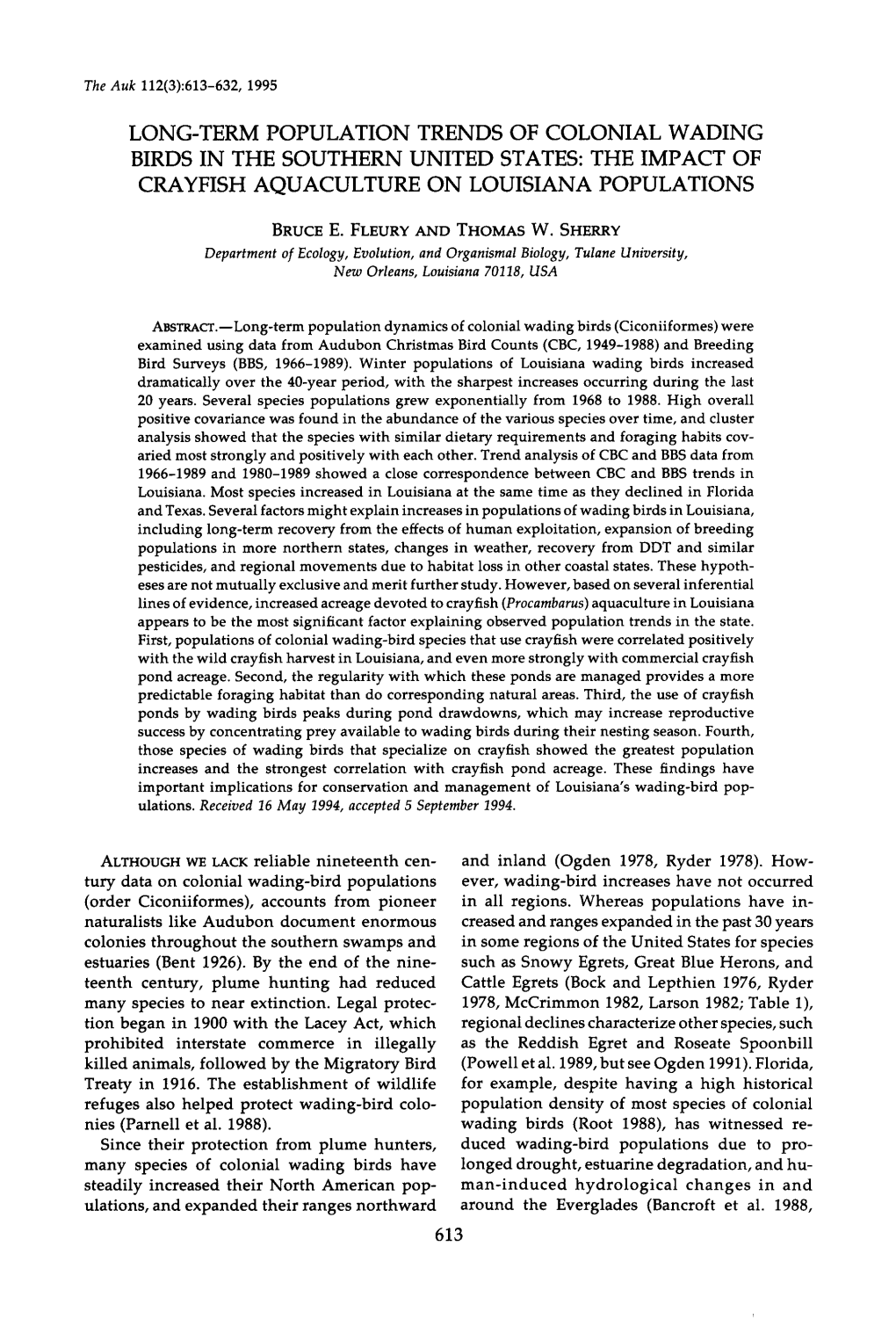 Long-Term Population Trends of Colonial Wading Birds in the Southern United States: the Impact of Crayfish Aquaculture on Louisiana Populations