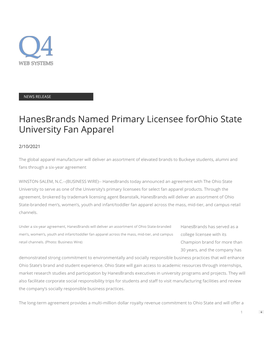 Hanesbrands Named Primary Licensee Forohio State University Fan Apparel