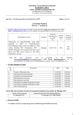 CCL/Rajrappa/GM Unit/CP/NIT/21-22/7 Dated: 29.05.21