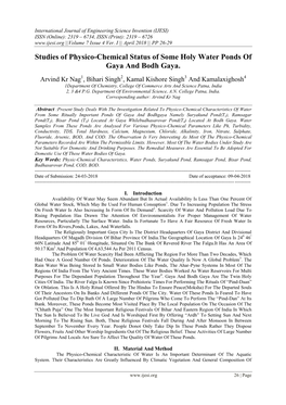 Studies of Physico-Chemical Status of Some Holy Water Ponds of Gaya and Bodh Gaya
