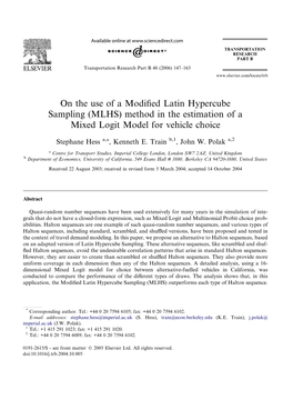 (MLHS) Method in the Estimation of a Mixed Logit Model for Vehicle Choice