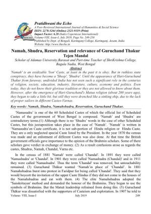 Namah, Shudra, Reservation and Relevance of Guruchand Thakur