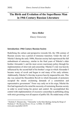 The Birth and Evolution of the Superfluous Man in 19Th Century Russian Literature