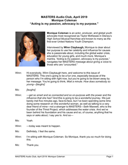MASTERS Audio Club, April 2019 Monique Coleman “Acting Is My Passion, Advocacy Is My Purpose.”