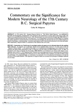 Commentary on the Significance for Modern Neurology of the 17Th Century B.C