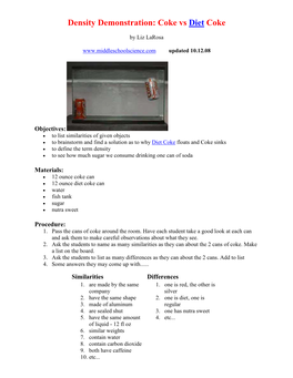 Density Demonstration: Coke Vs Diet Coke