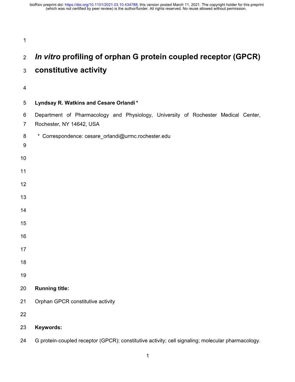In Vitro Profiling of Orphan G Protein Coupled Receptor (GPCR)