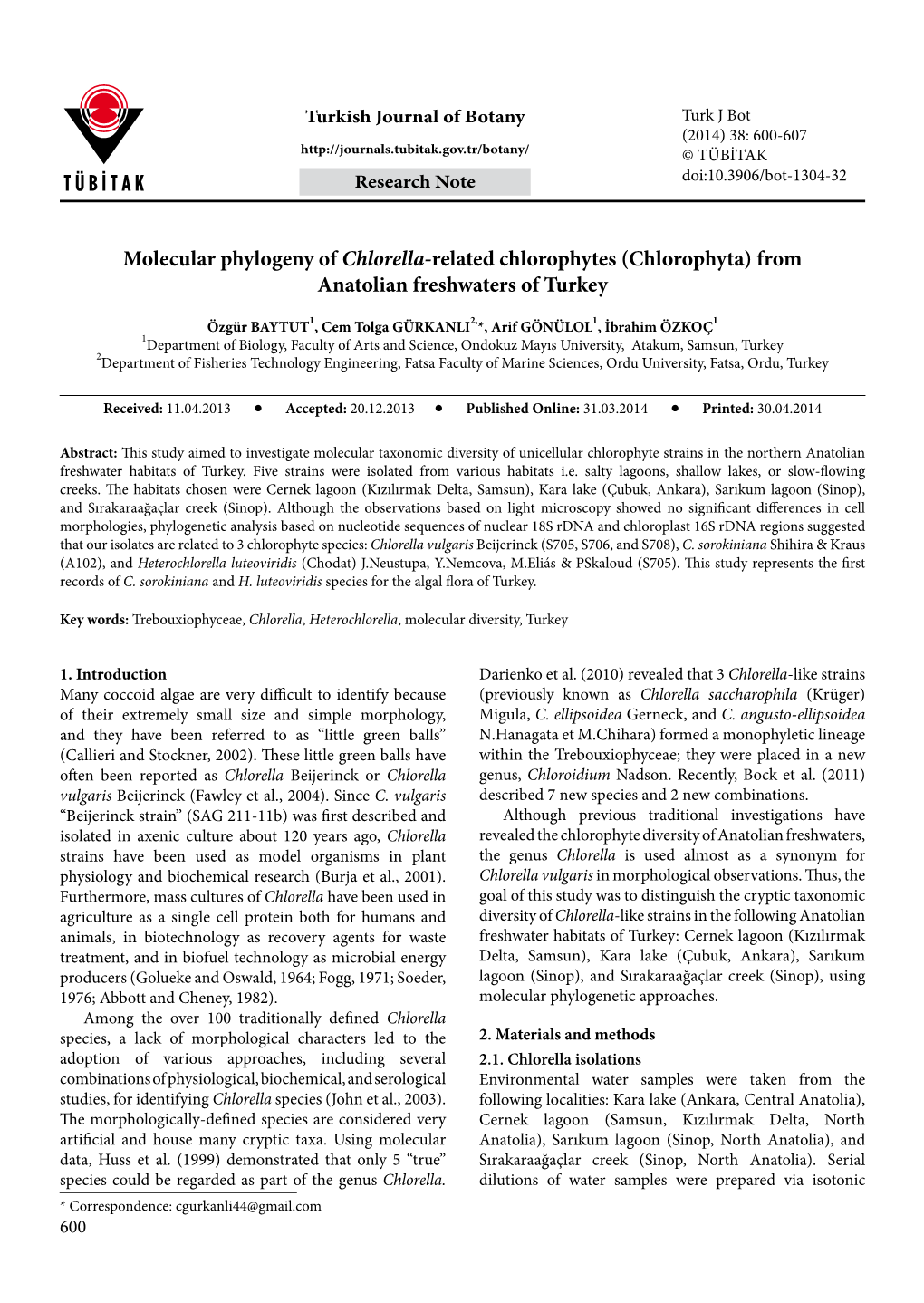 Molecular Phylogeny of Chlorella-Related Chlorophytes (Chlorophyta) from Anatolian Freshwaters of Turkey
